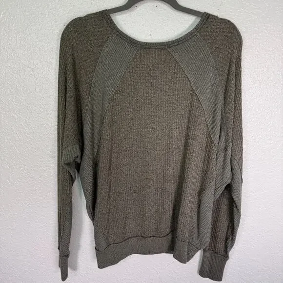 Free People Santa Clara Thermal Top Women Small Oversize Waffle Knit Vneck Green - Picture 2 of 10